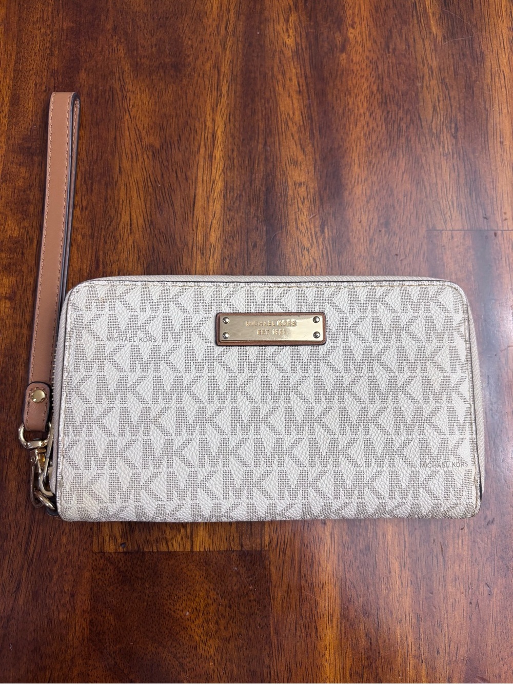 Michael Kors Neutral Logo Zip-Around Wristlet with Tan Strap